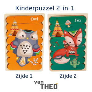 Dubbelzijdige Kinderpuzzel - Set 2-in-1 - Montessori Speelgoed - Set Uil en Vos