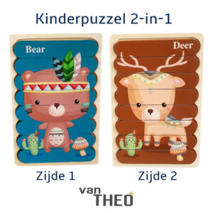 Dubbelzijdige Kinderpuzzel - Set 2-in-1 - Montessori Speelgoed - Set Beer en Hert