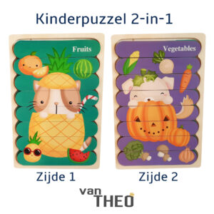 Dubbelzijdige Kinderpuzzel - Set 2-in-1 - Montessori Speelgoed - Set Kat en Hond (Fruit en Groenten)